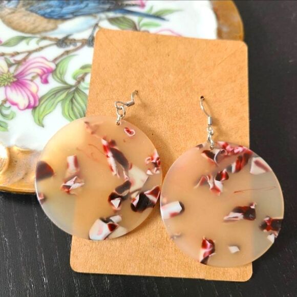 Large Round Acetate Red & White Swirl Dangle Earrings - Picture 1 of 1